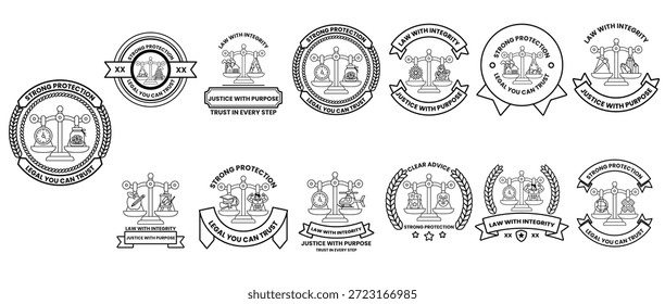 Uma coleção de logotipos em preto e branco para várias profissões. Os logotipos são todos semelhantes em design, apresentando uma fita e um símbolo