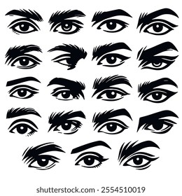 Collection of black and white male eyes  with different shapes, expressions and eyebrow styles. Vector isolated eyes set on white background. Eyes silhouettes.