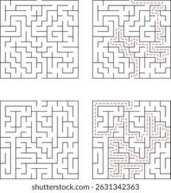 Collection of black and white maze puzzles with red highlighted paths for problem solving and solution finding