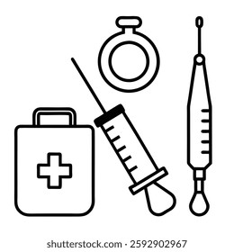 A collection of black and white medical equipment icons, including a first aid kit, syringe, dropper, and stopwatch. These minimalist line art symbols represent healthcare, emergency response.