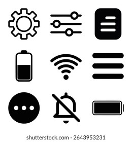 Colección De Iconos De App Móvil En Blanco Y Negro Que Representan Varias Funciones Y Configuraciones