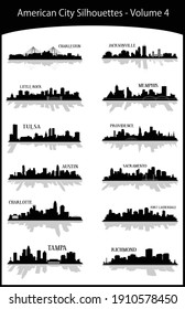 Collection of black and white modern illustrations of US American cities downtown buildings skyline silhouettes volume 4. Illustrator eps vector graphic design.