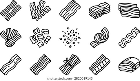 A collection of black and white monoline vector icons depicting different cuts, pieces, and slices of savory bacon.