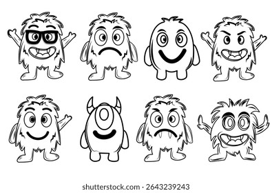 A collection of black and white monster icons with various expressions and shapes. Ideal for user interfaces, stickers, or design materials that require expressive characters yet remain minimalist