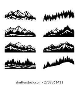 Collection of black and white mountain and forest silhouettes