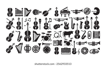 Collection of black and white musical instrument icons including strings, brass, percussion, and woodwinds. Ideal for art, music education, and design projects