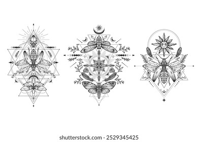 Colección de composiciones místicas en blanco y negro con polillas, mariposas, plantas, Elementos de la astrología y geometría sagrada. Dibujado a mano imágenes para el tatuaje, libro para colorear.