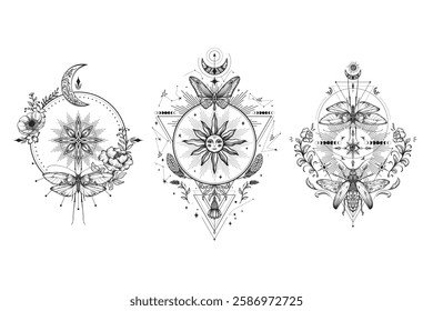 Collection of black and white mystical compositions with moths, butterflies, plants, elements of astrology and sacred geometry. Hand drawn pictures for tattoo, coloring book.