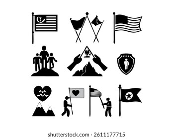 Collection of Black and White National Flags and Symbols. A set of simple, black and white vector illustrations of national flags, including the American flag, French flag, and other flags.
