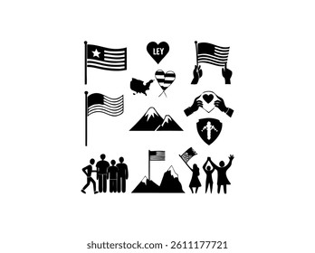 Collection of Black and White National Flags and Symbols. A set of simple, black and white vector illustrations of national flags, including the American flag, French flag, and other flags.