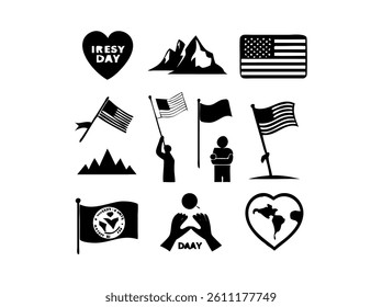 Collection of Black and White National Flags and Symbols. A set of simple, black and white vector illustrations of national flags, including the American flag, French flag, and other flags.