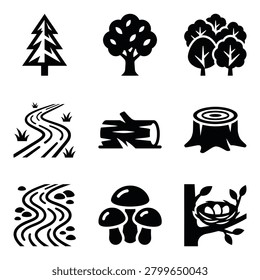 Collection of black and white nature and forest icons, including pine tree, deciduous tree, forest, winding river, log, stump, mushrooms and bird nest.