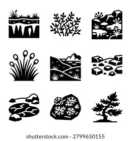 A collection of black and white nature and landscape icons representing various environmental elements like soil, vegetation, rocks, and terrain features.