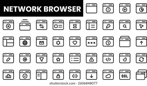 Collection of black and white network browser icons in a minimalist style.