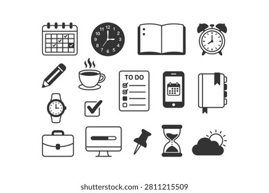 Collection of black and white office productivity icons featuring calendars clocks notebooks coffee cups and various professional planning tools