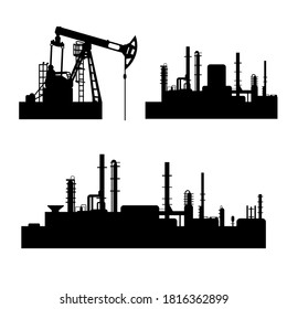 Collection of black and white oil and gas industry silhouettes. Vector isolated symbols of petroleum refinery, offshore sea or land oil drilling rig, naphtha pumpjack. Factory and environment