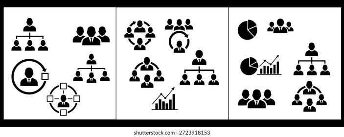 Colección de iconos de estructura organizativa en blanco y negro