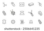 A collection of black and white outline icons illustrating various sewing and crafting tools, including needles, thread, and a sewing machine.