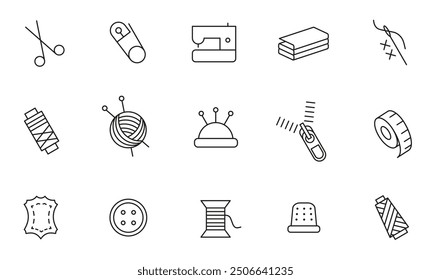 A collection of black and white outline icons illustrating various sewing and crafting tools, including needles, thread, and a sewing machine.