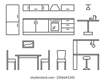 Eine Sammlung von schwarz-weißen Umrisssymbolen mit verschiedenen Küchenmöbeln und -geräten, darunter Kühlschrank, Backofen und Esstisch.