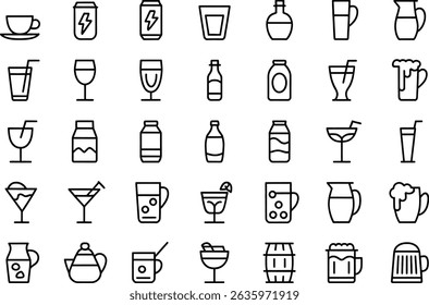 Collection of black and white outline icons representing various beverages and drinks