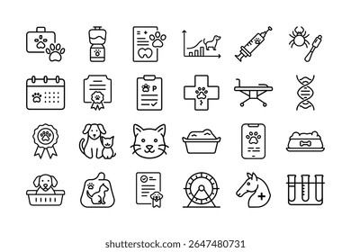 A collection of black and white outline icons related to veterinary medicine and pet care.