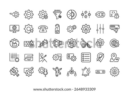 A collection of black and white outline icons related to settings and configurations.