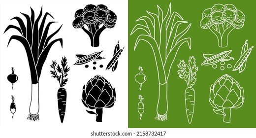 Collection of black or white outline pictograms of various vegetables: radish, leek, carrot, peas, broccoli, artichoke.