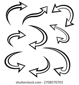 Uma coleção de setas contornadas em preto e branco com várias formas onduladas e curvas, apontando em várias direções, criando um elemento de design gráfico dinâmico.