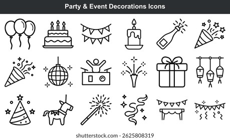 Coleção de festa e evento preto e branco ícones de contorno para desenhos festivos