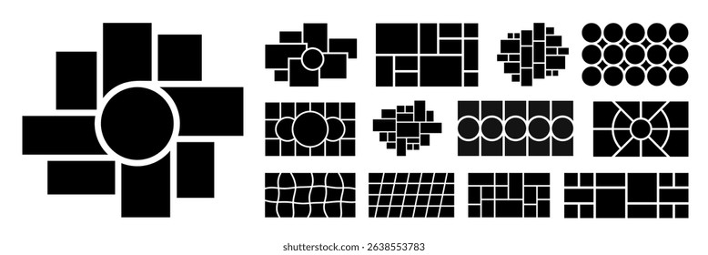 A Collection of Black and White Photo Collage Templates with Various Geometric Shapes and Layouts. A Black and White Abstract Grid Pattern with Wavy Lines. Black and White Photo Collage bundle.