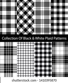 Collection of Black and White Plaid Patterns. Monochrome Tartan, Gingham, Tattersall and Tablecloth Backgrounds.
