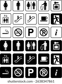 A collection of black and white public facility icons. Includes restroom signs for male, female, and unisex, escalator and elevator symbols, smoking and no smoking areas, trash disposal, coffee shop, 