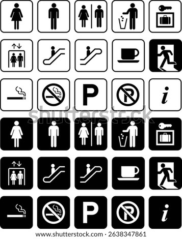A collection of black and white public facility icons. Includes restroom signs for male, female, and unisex, escalator and elevator symbols, smoking and no smoking areas, trash disposal, coffee shop, 
