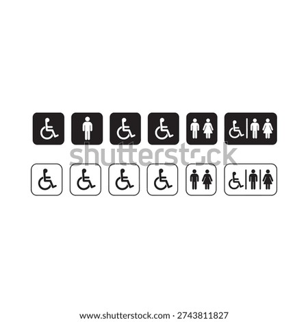 Collection of black and white restroom and accessibility symbols