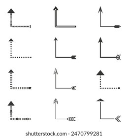 A collection of black and white right-angle arrows in various styles. The arrows feature different patterns and designs, emphasizing direction and growth. Set on a white background.