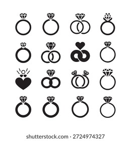 Collection of black and white ring icons depicting love commitment and marriage