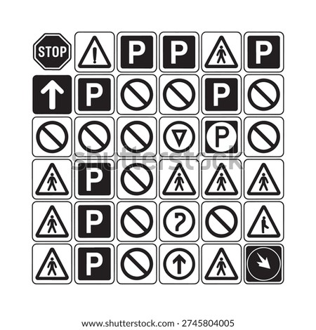 Collection of black and white road signs including stop yield and parking indicators