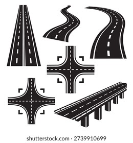 A collection of black and white road silhouettes, including straight, winding, and curved paths, two intersections, and an elevated bridge, illustrating various transportation routes.