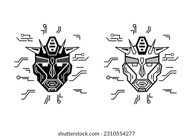 colección de ilustraciones en blanco y negro de la cabeza de un robot con cuernos. arte de líneas y estilo de silueta. adecuado para mascota, logotipo de juegos, diseño de camisetas y pegatinas
