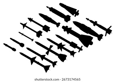 Eine Sammlung schwarz-weißer Silhouetten von Raketen, die in einer auffälligen Formation auf sauberem, weißem Hintergrund angeordnet sind. Das minimalistische Design unterstreicht die schlanken Formen von Raketen und Bomben.