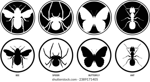 Collection of black and white round stamp style insect icons including a bee, butterfly, spider and ant. Positive and negative vector eps graphic designs.