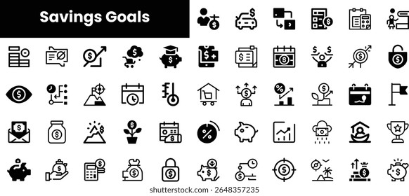 A collection of black and white savings goal icons representing various financial themes, including budgeting, investment, and personal finance planning.