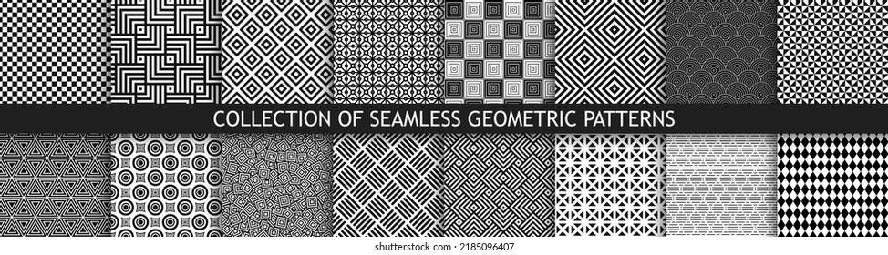 Collection of black and white seamless geometric striped patterns. Abstract repeatable tile backgrounds. Monochrome stylish decorative textures.  