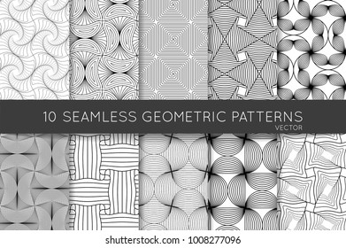Collection of black and white seamless patterns. Simple monochrome geometric texture. Abstract design elements in set.