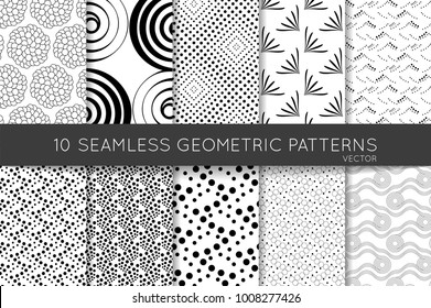 Collection of black and white seamless patterns. Simple monochrome geometric texture. Abstract design elements in set.