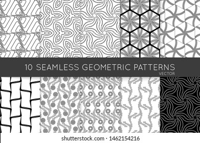 Collection of black and white seamless patterns. Simple monochrome geometric texture. Abstract design elements in set.