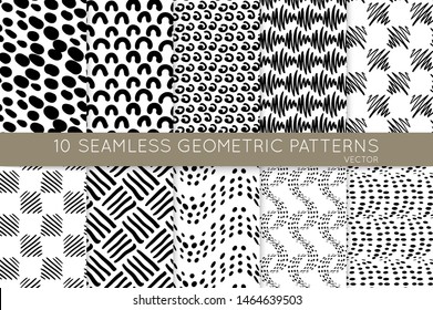 Collection of black and white seamless patterns. Simple monochrome geometric texture. Abstract design elements in set.