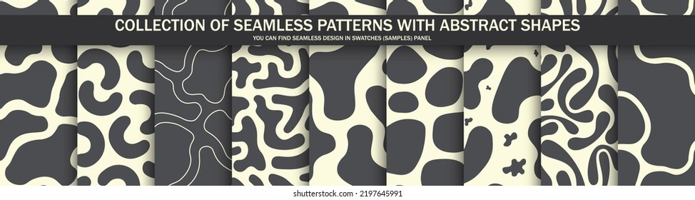 Collection of black and white seamless patterns with abstract shapes. Creative vector backgrounds. Drawing trendy monochrome textures. You can find repeatable design in swatches panel.