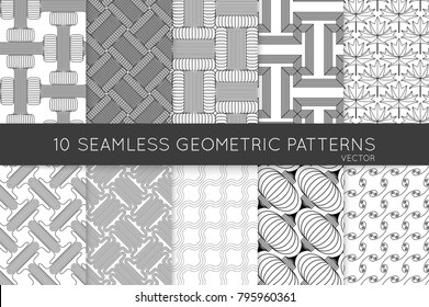 Collection of black and white seamless patterns. Simple monochrome geometric texture. Abstract design elements in set.
